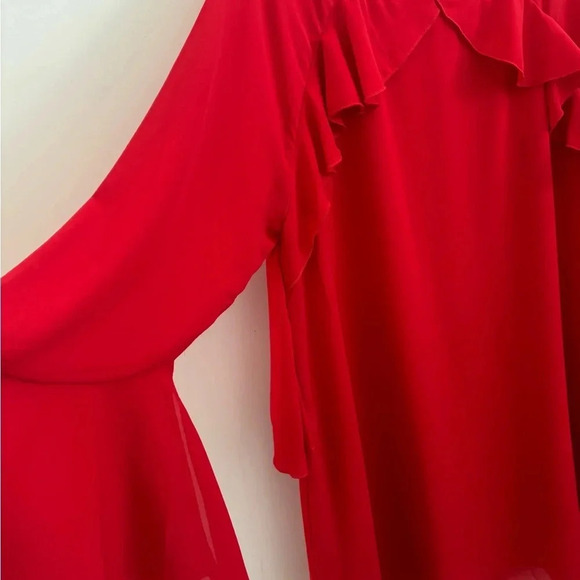 Red Ruffle Flare Sleeve Shift Mini Dress Large Flowy Parisian Holiday Christmas - Picture 3 of 4